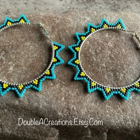 Turquoise and Yellow Sunburst  2” Beaded Hoops, New, Handmade by Me - Picture 3 of 9